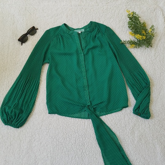 Pleione Tops - Pleione Green Polka Dot Tie Front Blouse Shirt Top